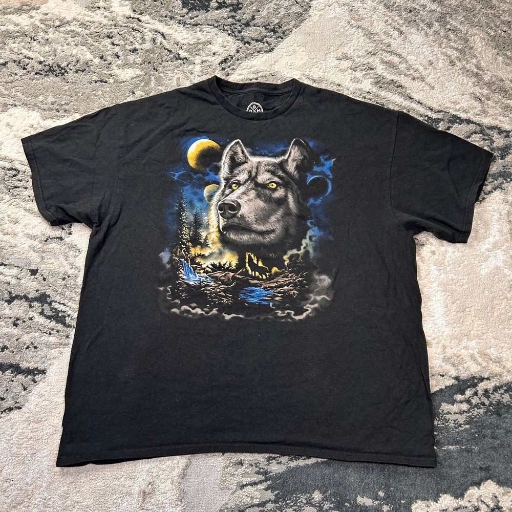 Dom Y2K T Shirt Mens 2XL Black‎ Wolf Nature Tee Moon Graphic Print Logo VTG